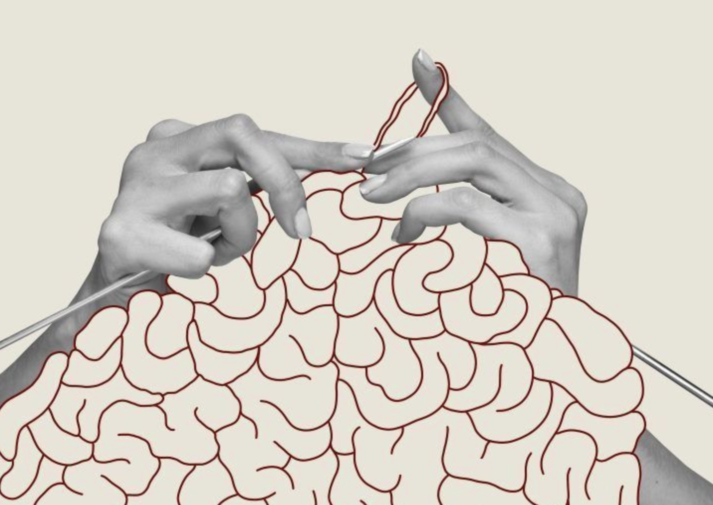 Collage of hands knitting a brain-shaped tangle of yarn