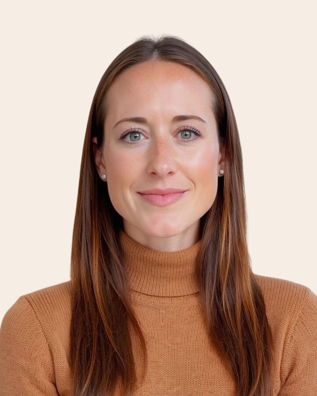 Brooke Robbins wearing a camel turtleneck against a cream background
