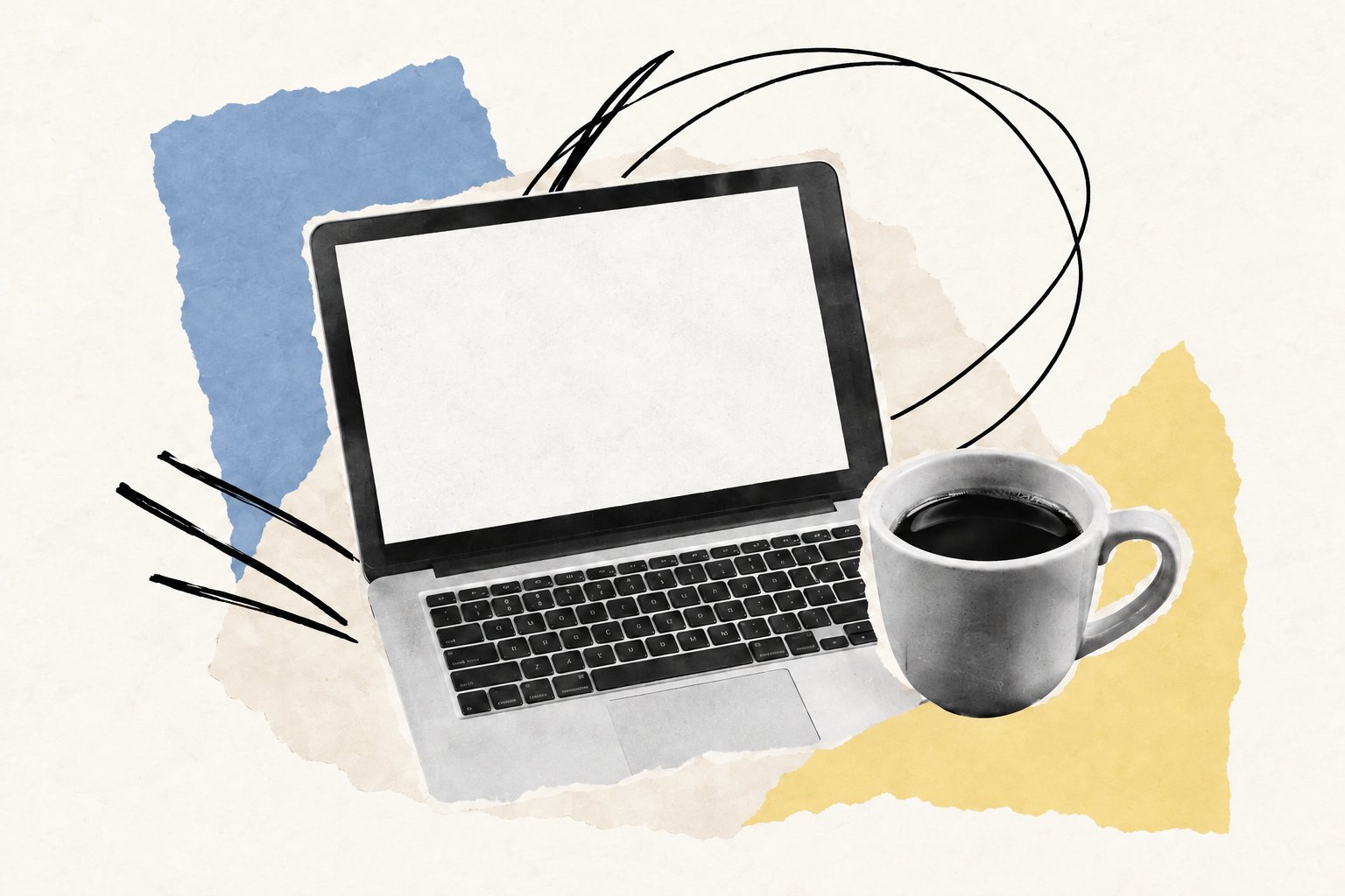 Black-and-white laptop and coffee cup collage with coral and dusty blue torn paper