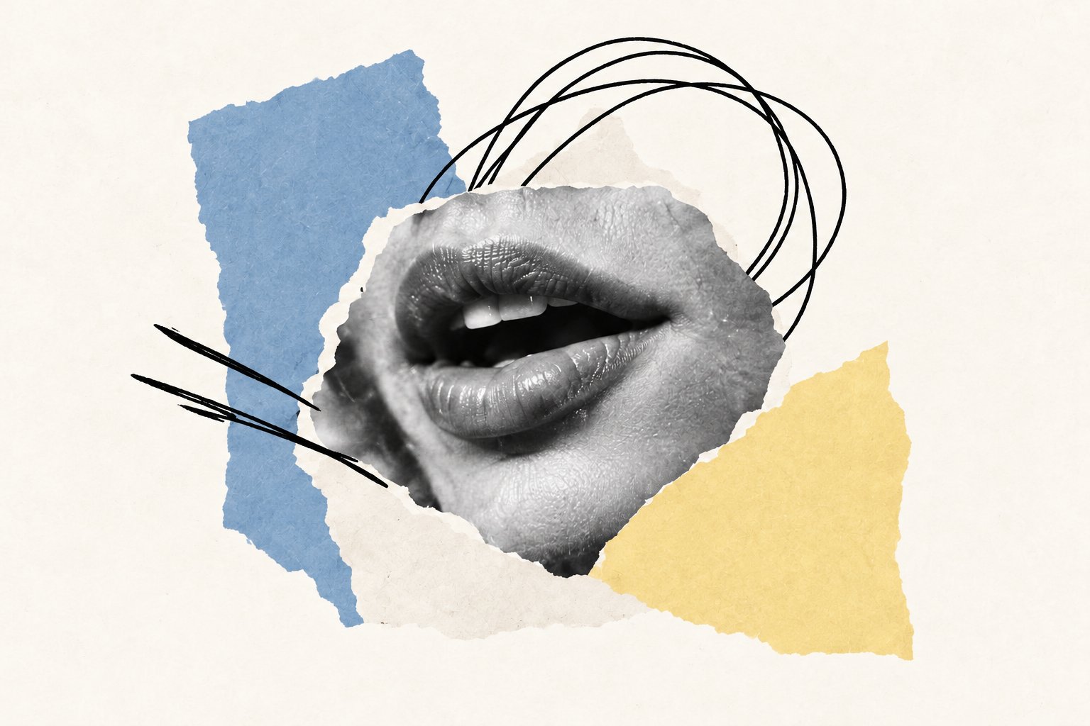 Black-and-white mouth collage with coral and dusty blue torn paper
