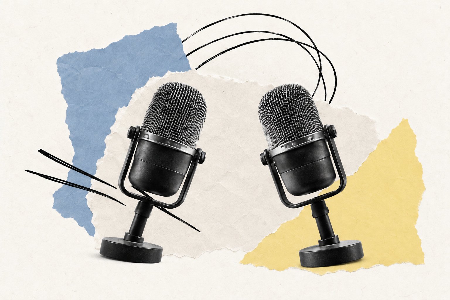 Two black-and-white microphones with coral and dusty blue torn paper